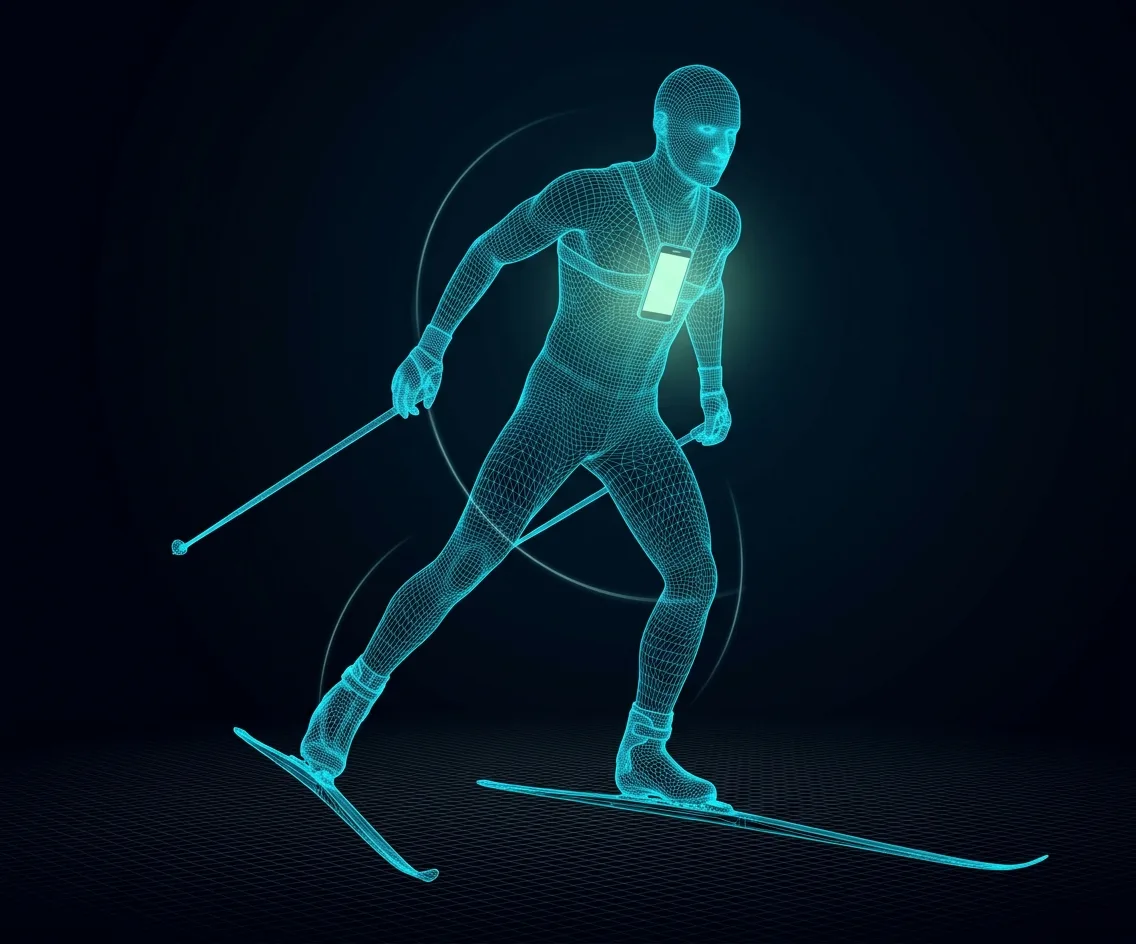 Concept illustration showing a phone mounted on a skier’s chest.