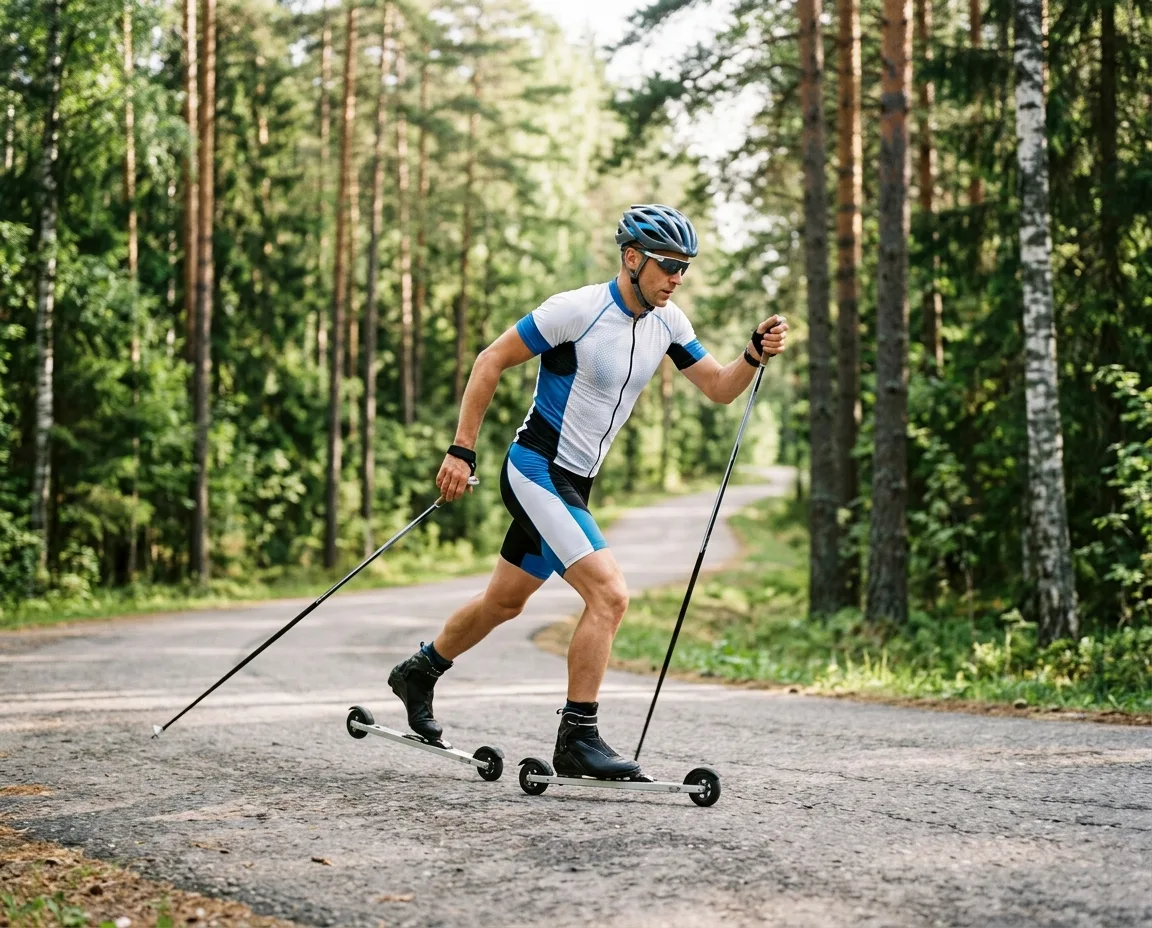 Roller skier practising on a paved route.