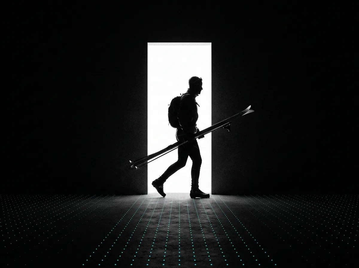 Silhouette of a skier carrying skis past a bright doorway.